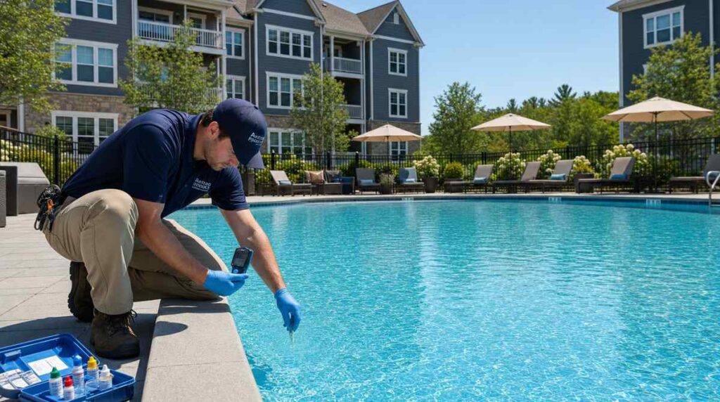 Professional pool service technician inspecting a commercial swimming pool at an apartment complex in Massachusetts