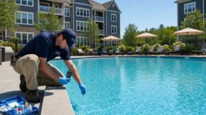 Professional pool service technician inspecting a commercial swimming pool at an apartment complex in Massachusetts