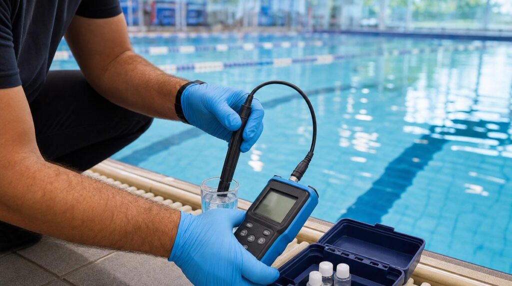 Pool technician testing commercial pool water quality using digital testing equipment in Massachusetts
