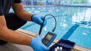 Pool technician testing commercial pool water quality using digital testing equipment in Massachusetts