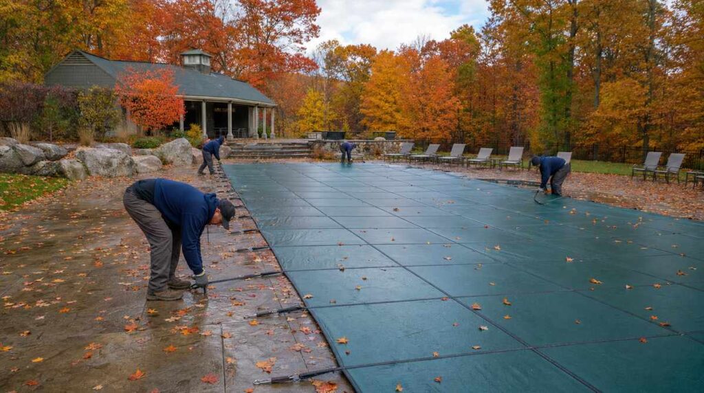Commercial pool winterization in New England autumn with service crew securing pool cover and fall foliage surroundings