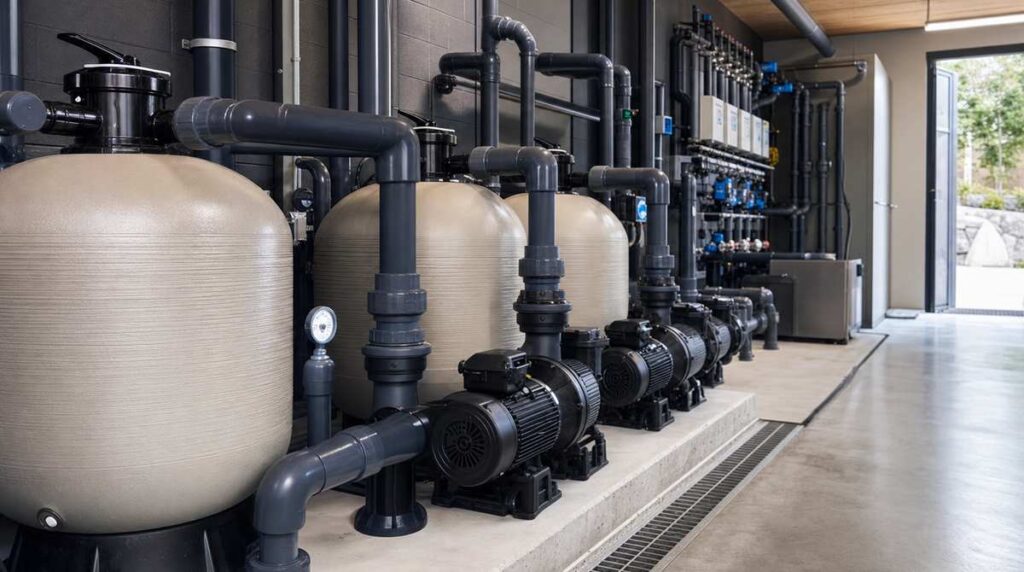 Commercial pool filtration system with modern sand filters and circulation pumps in a pool equipment room in Massachusetts