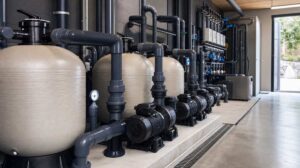 Commercial pool filtration system with modern sand filters and circulation pumps in a pool equipment room in Massachusetts