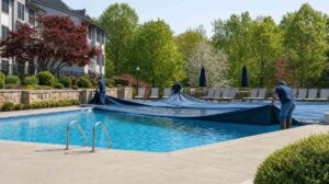 Pool service crew removing winter cover from commercial pool at a New England condominium for seasonal spring opening